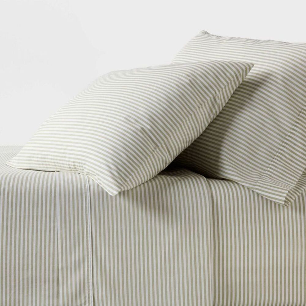 4pc King 250TC Organic Percale Cotton Sheet Set - Sage Green Stripe